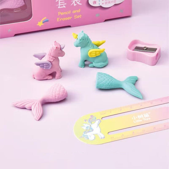 Unicorn Dream pencil and eraser gift set with pastel pencils, fantasy-shaped erasers, and magical packaging design."
