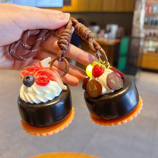 Kawaii Miniature Chocolate Cake Keychain & Bag Charm | Realistic Fruit & Whipped Cream Design