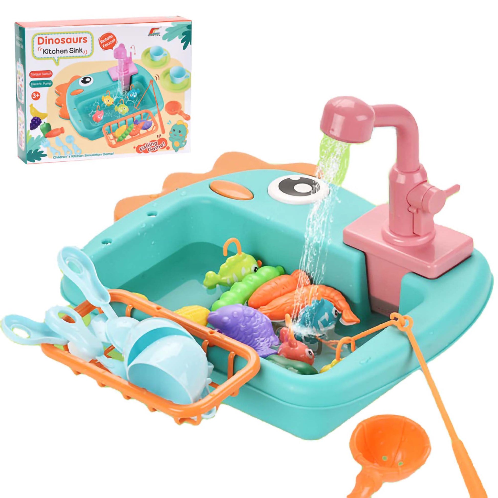 Studio shot of a dinosaur-themed toy sink in teal and orange, featuring a working faucet pouring water over play dishes and floating fish.