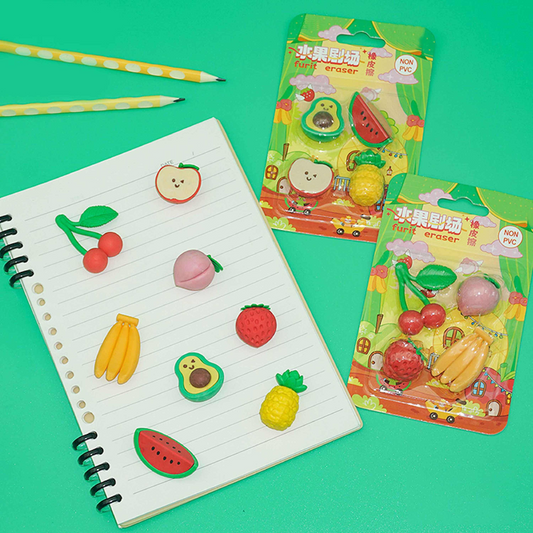 Kawaii Fruit Theater Pencil Erasers Pack of 4 | Non-Toxic Fruit Fancy Erasers for Students