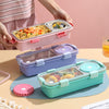 Open personalized lunch box with name showing SUS304 stainless steel compartments and a separate gravy box.