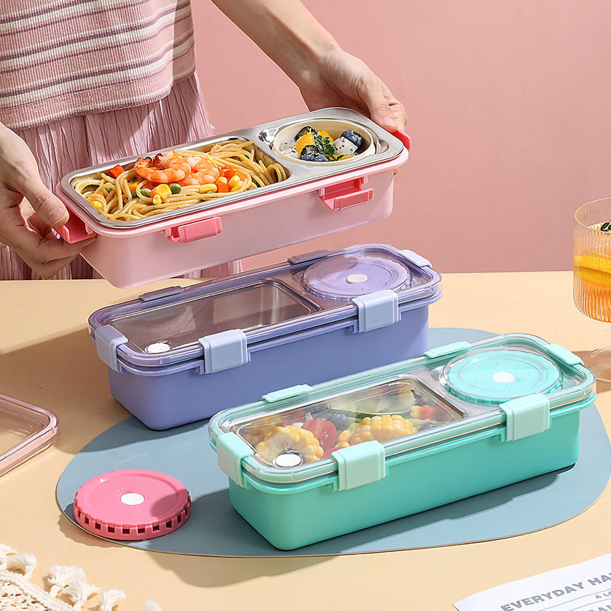 Open personalized lunch box with name showing SUS304 stainless steel compartments and a separate gravy box.