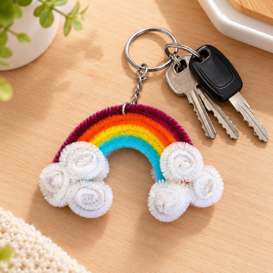 An overhead shot of the handmade rainbow bag charm resting on a clean white tabletop surface with Keys