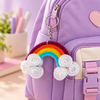 Close-up of a colorful fuzzy pipe cleaner rainbow and cloud keychain showcasing its textured chenille stems and metal keyring.