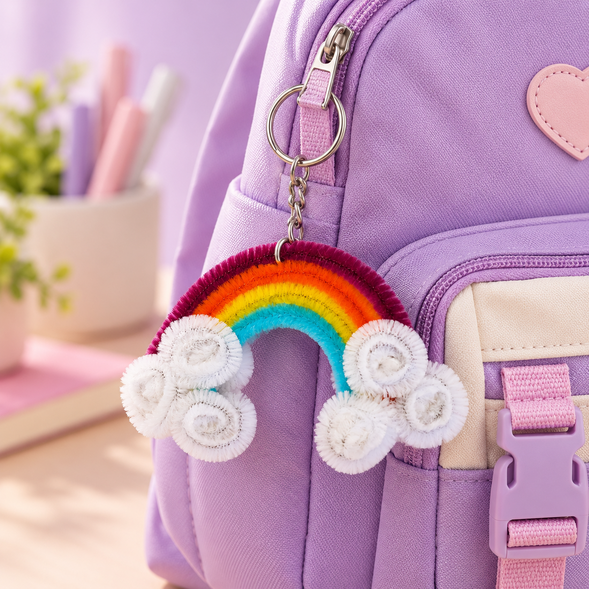 Close-up of a colorful fuzzy pipe cleaner rainbow and cloud keychain showcasing its textured chenille stems and metal keyring.