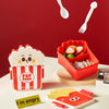 Popcorn shape kids lunch box with spoon and fork – red and white cute design.
