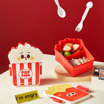 Popcorn shape kids lunch box with spoon and fork – red and white cute design.