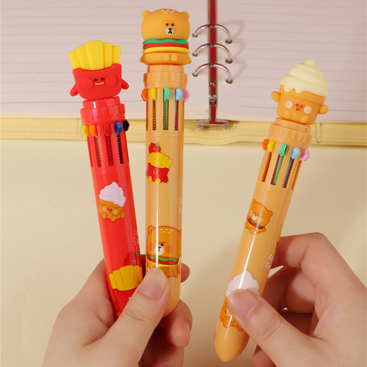 Cute fast food bear 10-color pens with burger, fries, and ice cream designs
