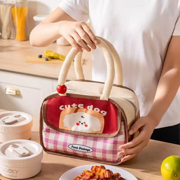 Cute Cartoon Thermal Insulated Lunch Bag With Front Pocket | Portable Canvas Picnic Tote for Kids & Adults