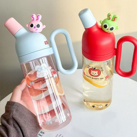 Cute cartoon double drinking mouth water bottles with straw – 800ml capacity