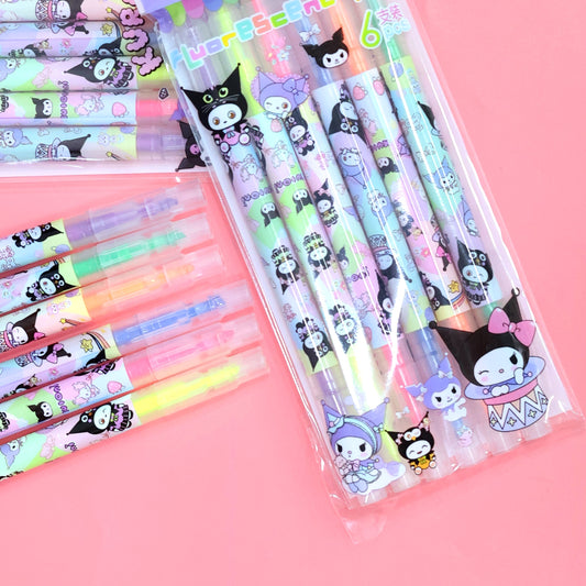 Sanrio Kuromi Double Head Color Fluorescent Highlighter Pen Pack of 6