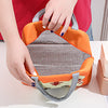 Inside view of a square tiffin pouch showing the reflective silver insulated thermal foil lining and zipper tracks
