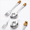 A detailed multi-panel product view displaying high-gloss stainless steel fork and spoon tips alongside a close-up of a soft brown cartoon character top