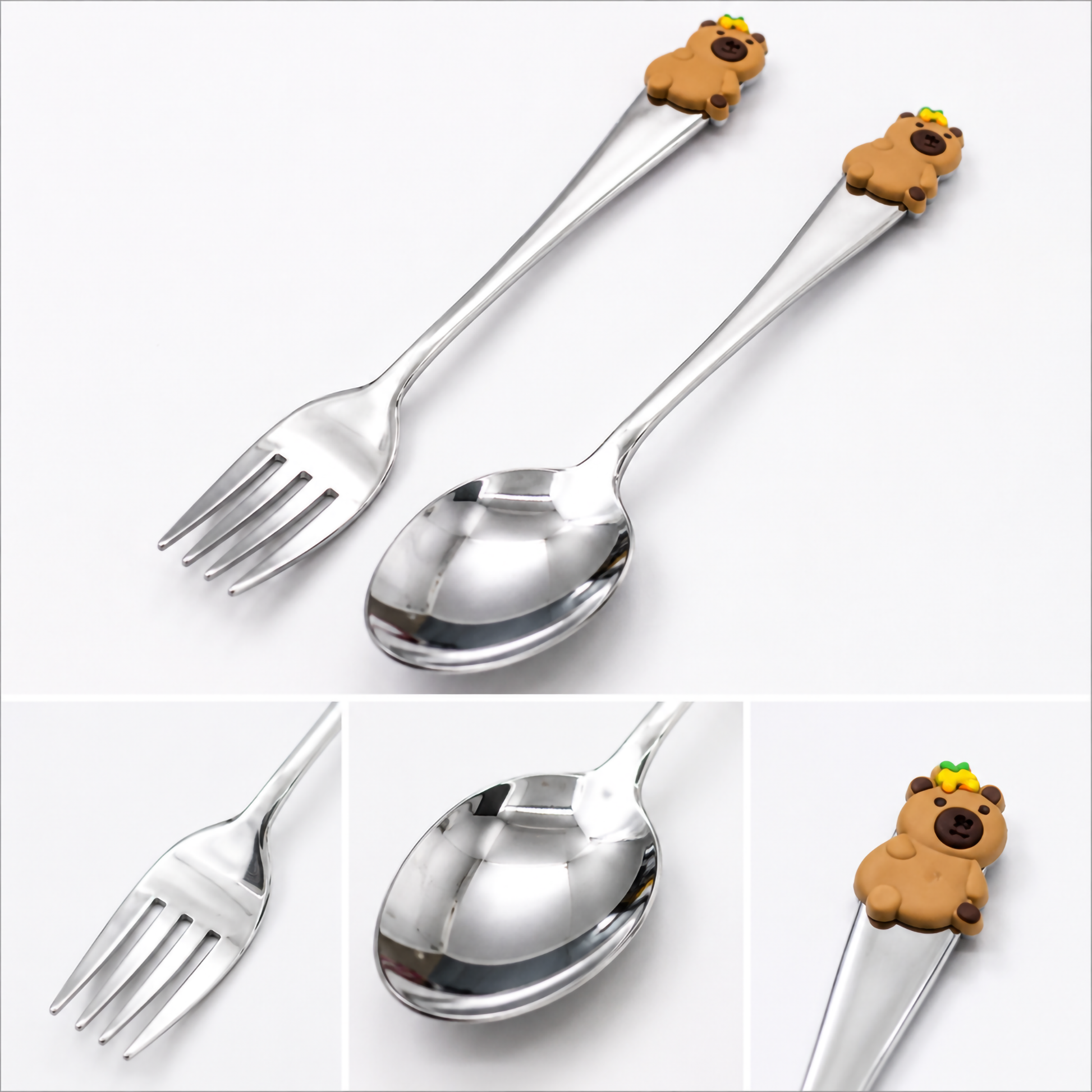A detailed multi-panel product view displaying high-gloss stainless steel fork and spoon tips alongside a close-up of a soft brown cartoon character top