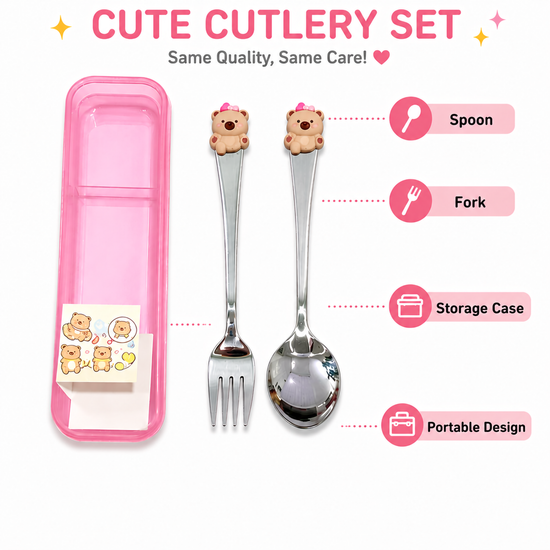 An infographic page titled "Cute Cutlery Set" displaying a pink storage case with a matching bear-themed spoon and fork labeled with pointers for its portable design,