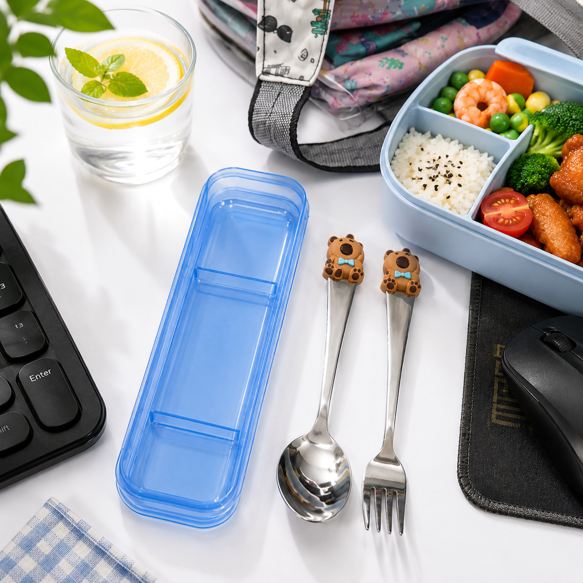 A lifestyle setting showing a mirror-polished stainless steel fork and spoon set topped with 3D cartoon bear handles next to an open Purple plastic travel case on a white desk