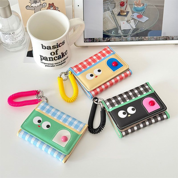 Kawaii Gingham ID Card Holder with Spiral Keychain | Tri-Fold Mini Wallet