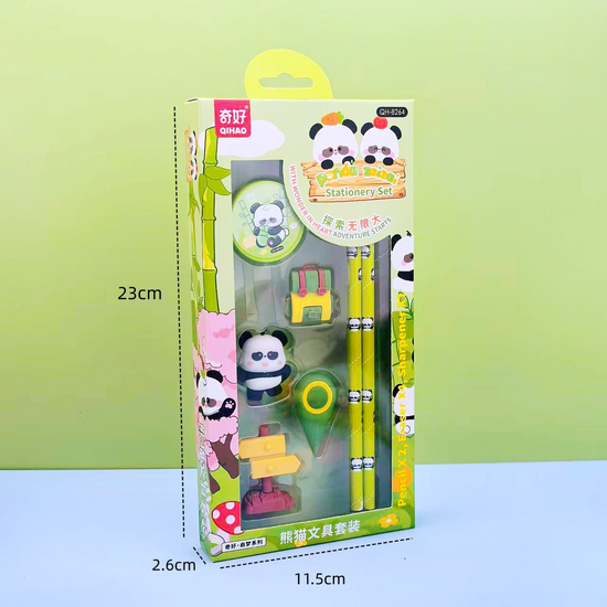 awaii Panda Stationery Set (QH-8264) packaged in a green window gift box with dimensions and visible stationery items.