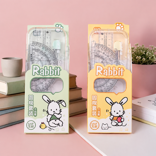 Kawaii Rabbit Geometry Box Set | 7 Pcs Transparent Mathematical Instrument Kit