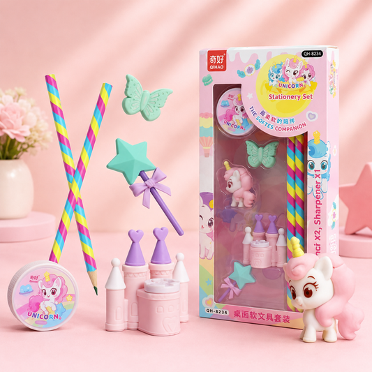 Kawaii Unicorn Stationery Set – Cute 3D Erasers, Pencils & Sharpener Gift Box for Kids