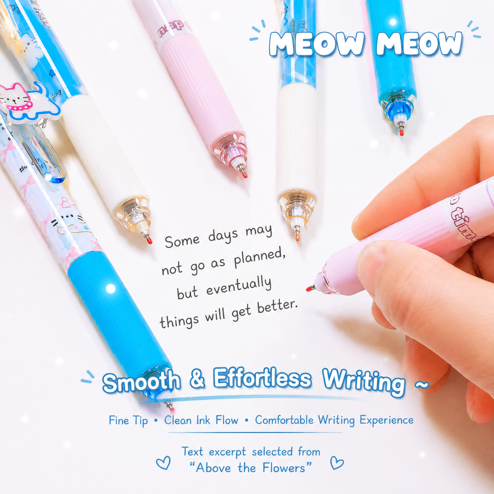 Close-up of a hand writing on a white page surrounded by five pastel blue and pink fine tip pens showcasing their precise needle points and red wax seals