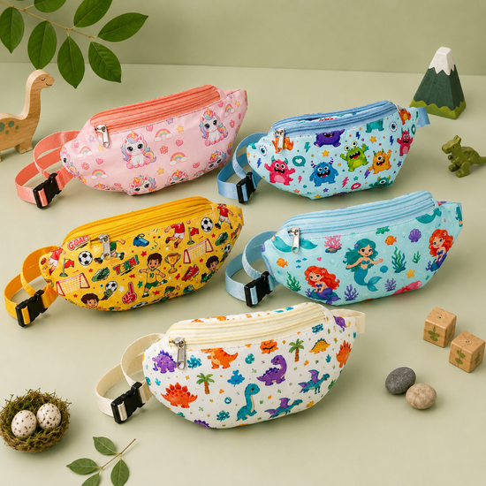 Cute character fanny pack worn as a crossbody sling bag for children
