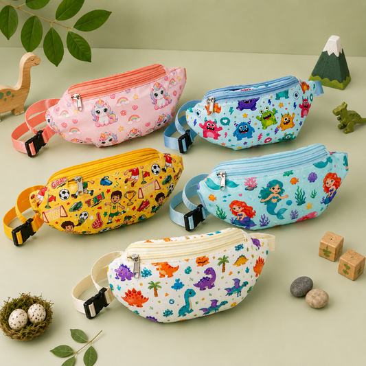 Cute character fanny pack worn as a crossbody sling bag for children