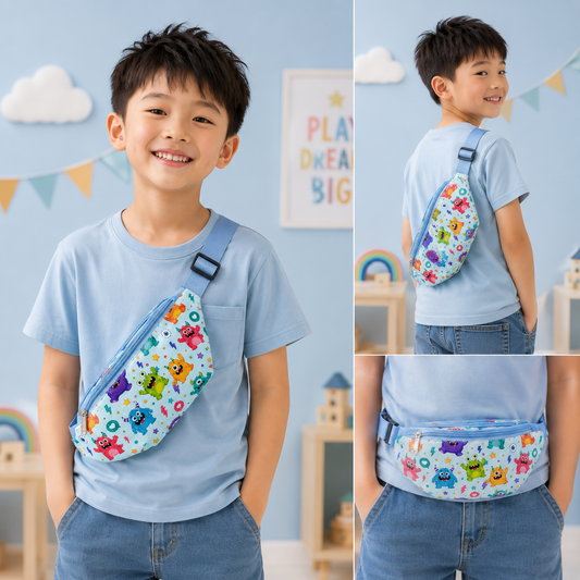 Vibrant children's waist pouch with playful patterns and secure buckle closure