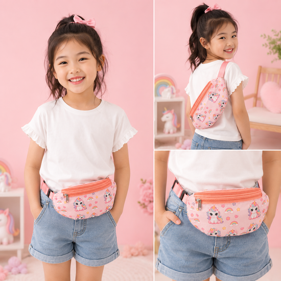 Kids colorful cartoon print waist bag with dual zippers and adjustable strap