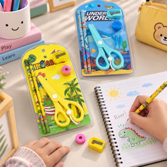 Kids Cartoon Stationery Set with Safety Scissors and Pencils