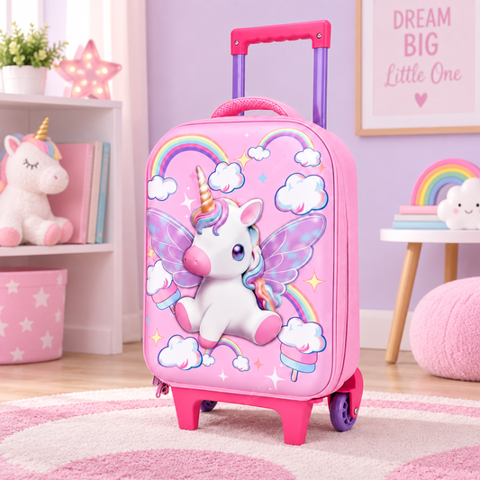 Kids Pink Unicorn Trolley Suitcase – Rolling Travel Luggage Bag for Little Travelers