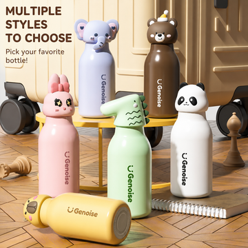 Kids' 450ml stainless steel water bottle featuring cute animal cap designs.