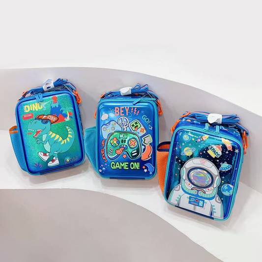 Boys insulated lunch bag with dinosaur, astronaut, soccer, and gaming designs.