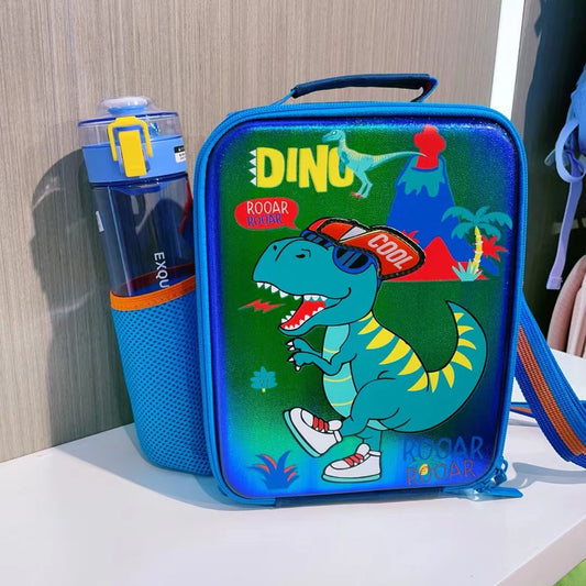 Kids’ cool 3D cartoon lunch box bag with shoulder strap for school.