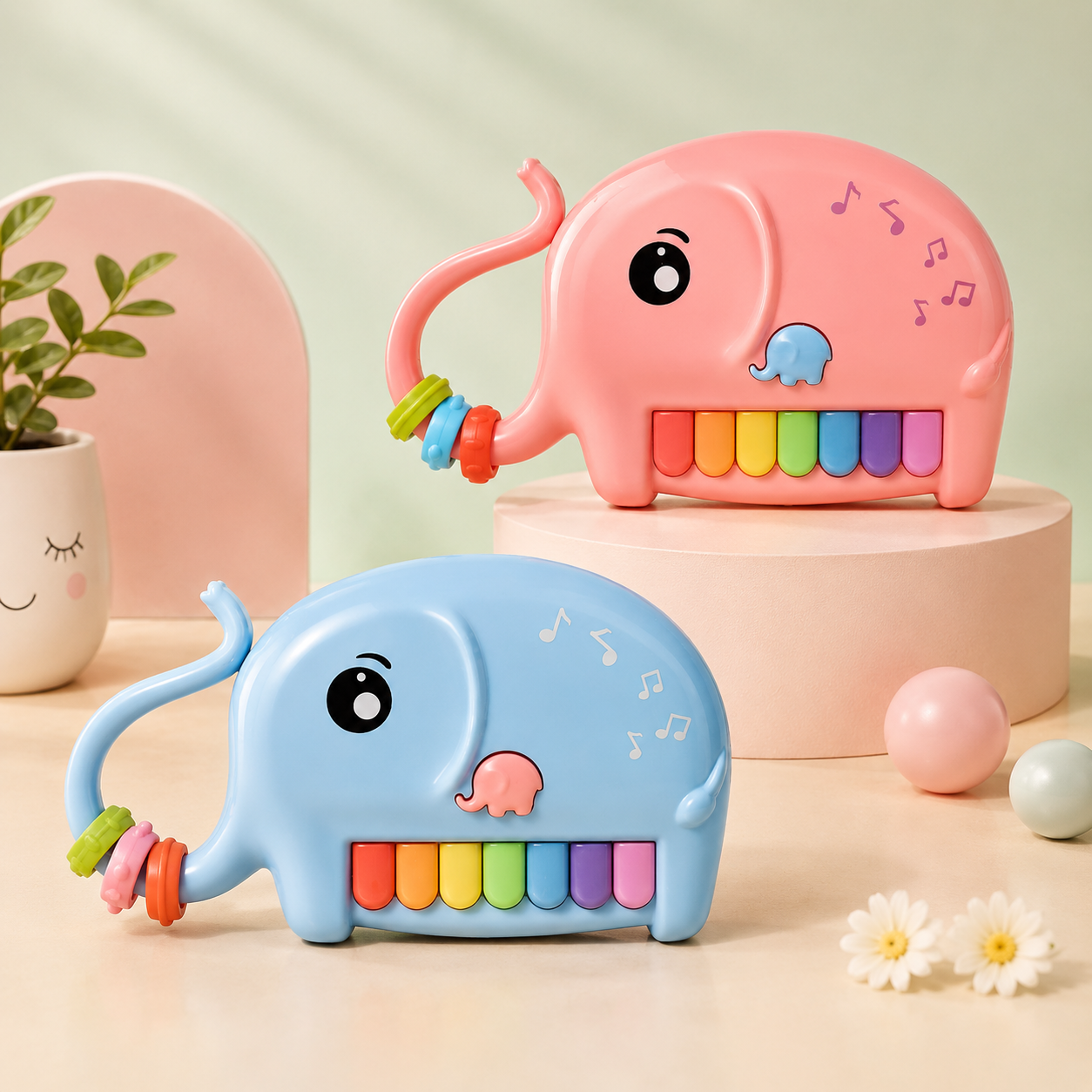 Blue and pink elephant-shaped musical piano toys featuring dangling beads on the trunk.