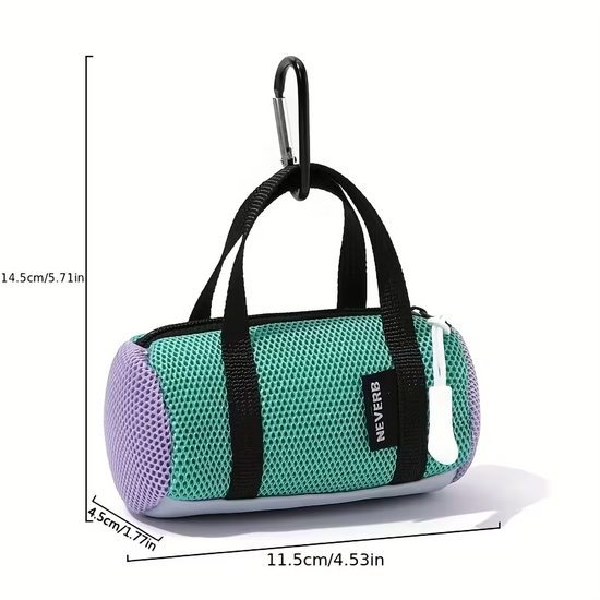 Green and purple mini mesh duffle bag coin pouch displaying its exact dimensions of 11.5cm by 14.5cm.