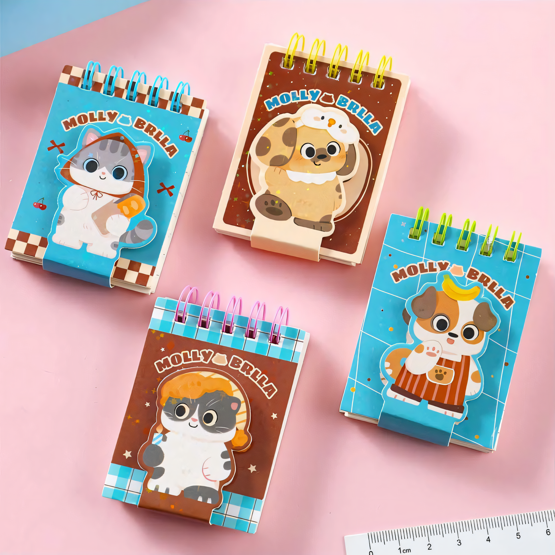 Molly and Brlla mini spiral notebooks with cat and dog designs