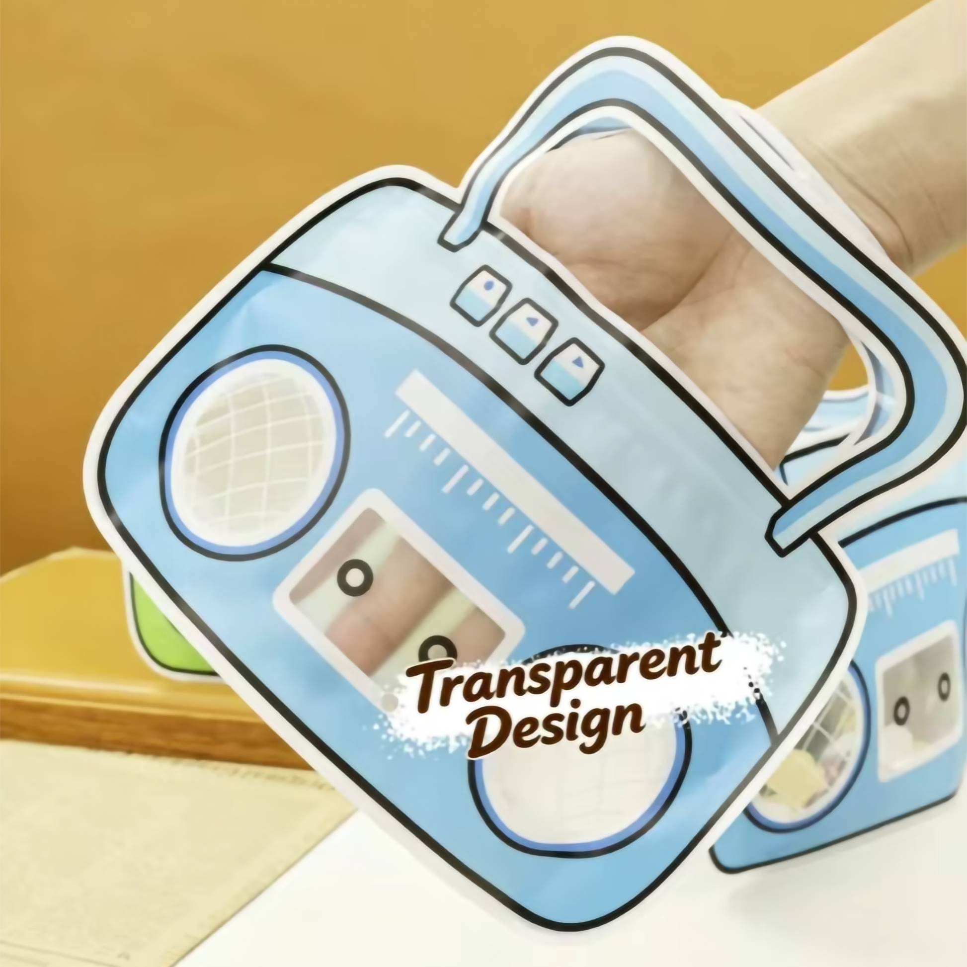 Close-up of the handle, self-seal zipper, and transparent window features on the radio favor bag.