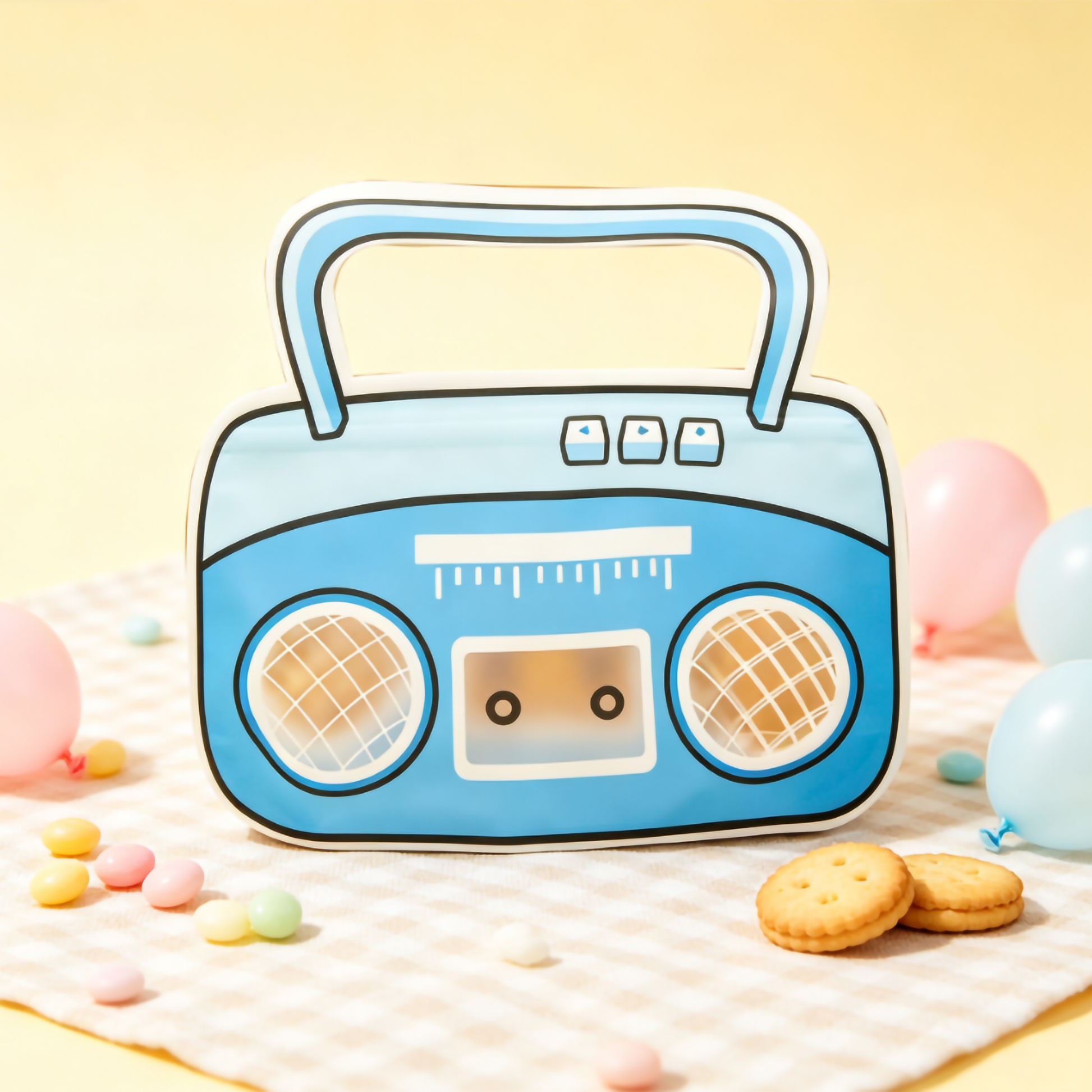 Cartoon blue retro radio ziplock gift bag displayed on a checkered cloth with pastel balloons.