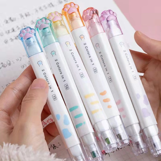 Cat Paw Double-Sided Highlighters – 6 Pens, 12 Colors