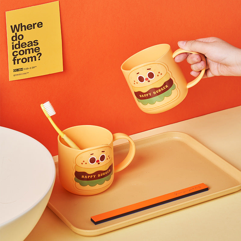 Food-themed plastic cup for children with easy-grip handle