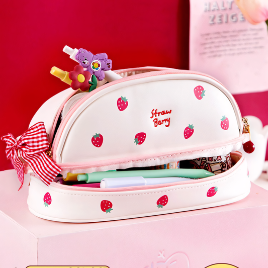 Double-Layer Strawberry Aesthetic Stationery Pouch