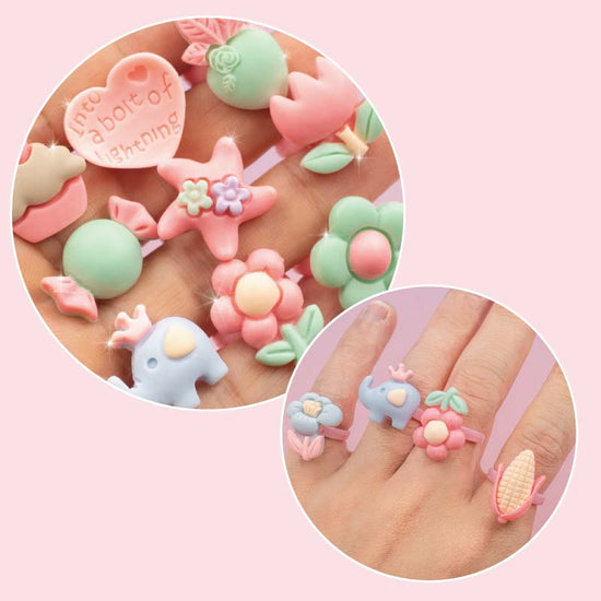 Cute plastic animal and fruit rings for girls and boys.