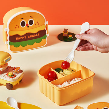 Cute burger-shaped kids lunch box with spoon and fork and dual compartments