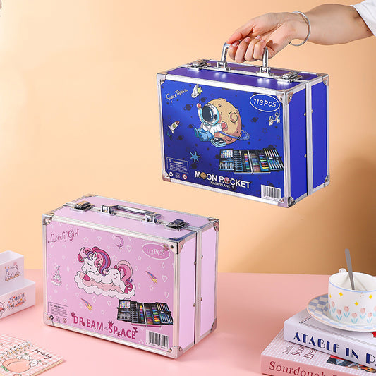 Moon Rocket themed 133 pcs children’s drawing kit with multi-layer trays and coloring tools