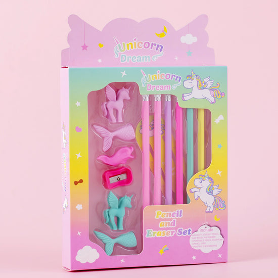 Little Tree Unicorn Dream pencil and eraser set featuring pastel unicorn, mermaid, and wing-shaped erasers with colorful pencils.