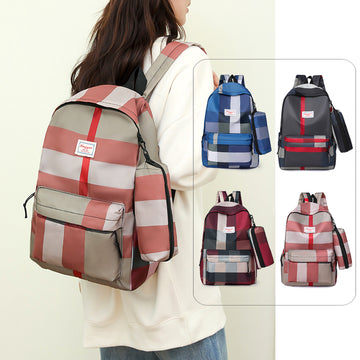 Large Capacity Casual Plaid School Bag with Detachable Pouch