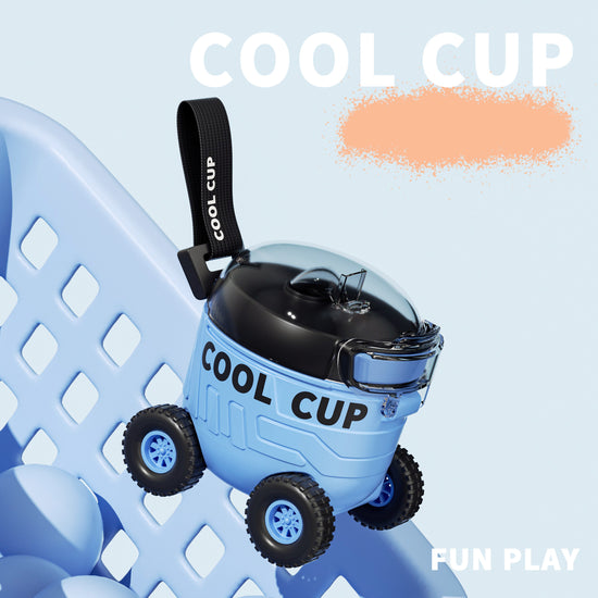 Kids Cool Cup vehicle sipper bottle with straw and shoulder strap.