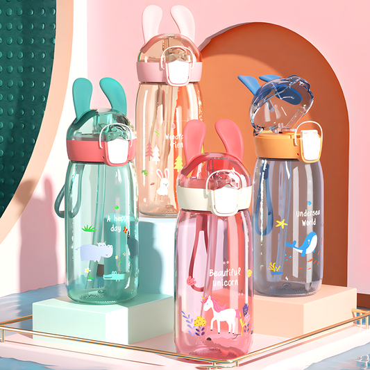Cute 3D Rabbit Ear Sipper Cup | 550ml Pop-Up Straw Bottle for Kids