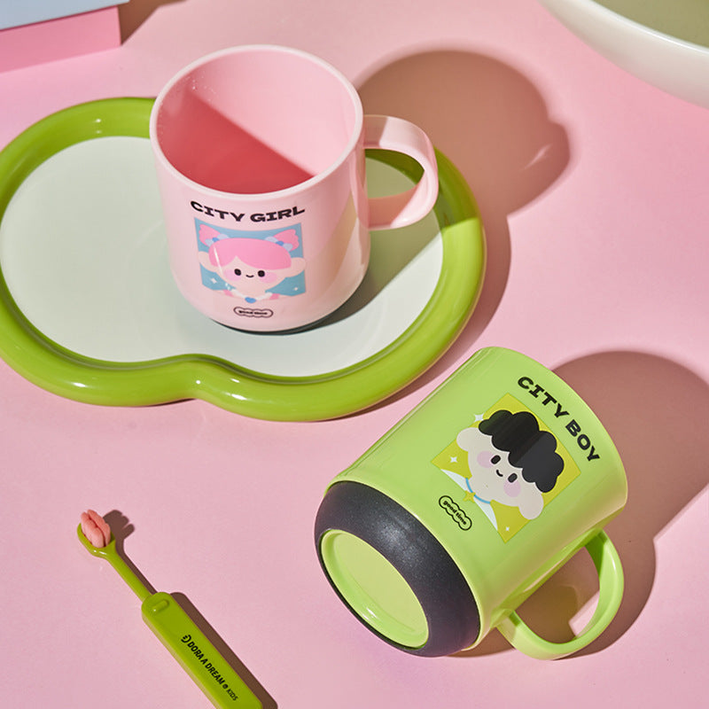 Cute City Boy and City Girl toothbrush cups in pastel colors